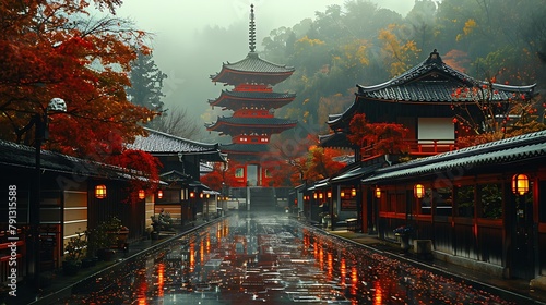 Tranquil Japanese temple with vibrant autumn leaves reflecting on wet ground under a misty sky. 