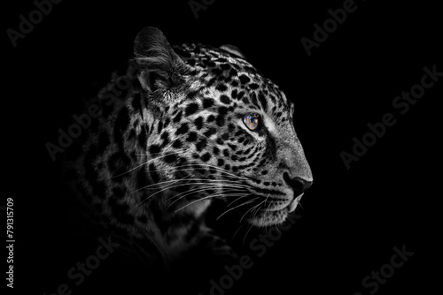 Fototapeta Naklejka Na Ścianę i Meble -  Close up black and white adult leopard portrait. Animal on dark background