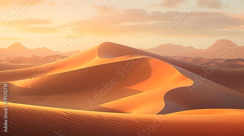 Desert sand dunes panorama at sunset, 3d illustration