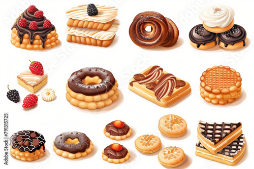 various type of Cakes, cookies, crackers and waffles collection isolated on background with clipping path vector icon, white background, black colour icon