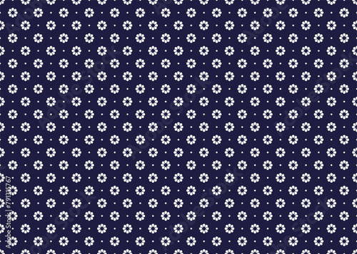 White symbol flowers form on dark blue background, ethnic fabric seamless pattern design for cloth, carpet, batik, wallpaper, wrapping etc.
