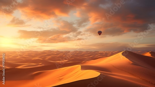 Hot air balloon over sand dunes in desert. 3d render