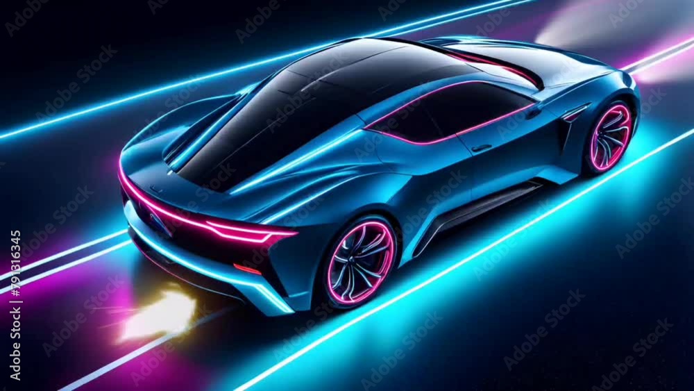 Sports car with flashes and lights on black background