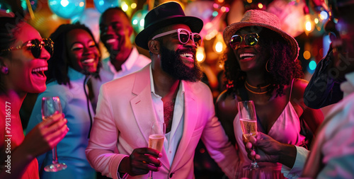 A group of stylish men and women in trendy attire, laughing while holding champagne glasses at an upscale nightclub