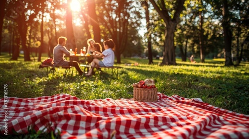 Family enjoying picnic feast on green lawn under tall trees, savoring food in comfort