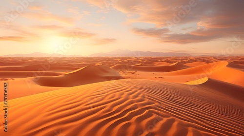 Desert sand dunes panorama at sunset. 3d render