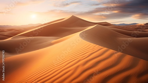 Panorama of sand dunes in Sahara desert at sunset  Morocco