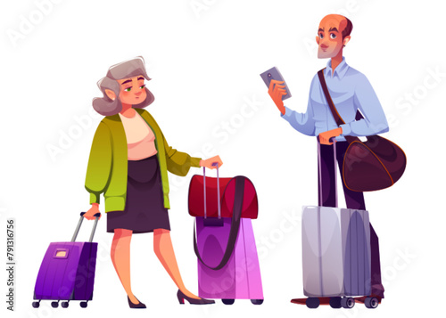Elderly people with suitcase travel for business or vacation. Cartoon vector illustration set of senior man and woman with luggage. Male and female journey passenger with baggage bag in terminal. © klyaksun