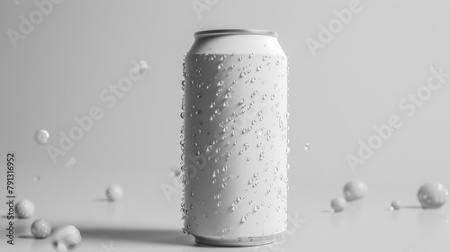 A can of soda is sitting on a wet surface