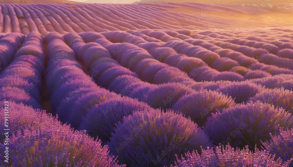 Obraz premium Bathed in the warm glow of the setting sun, endless rows of lavender stretch across the farm like a fragrant purple sea, their blooms swaying gently in the evening breeze