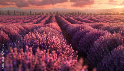 Bathed in the warm glow of the setting sun, endless rows of lavender stretch across the farm like a fragrant purple sea, their blooms swaying gently in the evening breeze photo