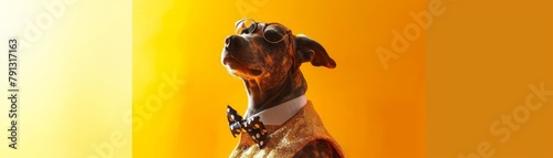 A canine fashionista strikes a pose on a field of sunshine yellow, its sequined vest and polkadotted bow tie shimmering under a spotlight, ready to steal the show with its flamboyant moves photo