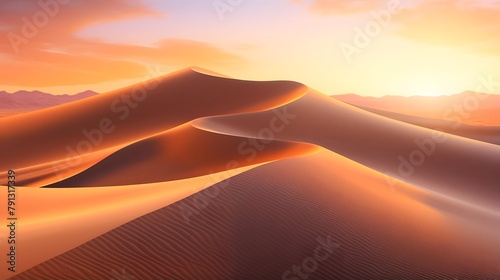 Desert panorama. Sand dunes at sunset. 3d render