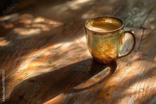 A lone coffee mug rests on a lighted wooden table, its ceramic surface reflecting the warm light like a miniature, golden moon, beckoning for a sip and a moment of pause