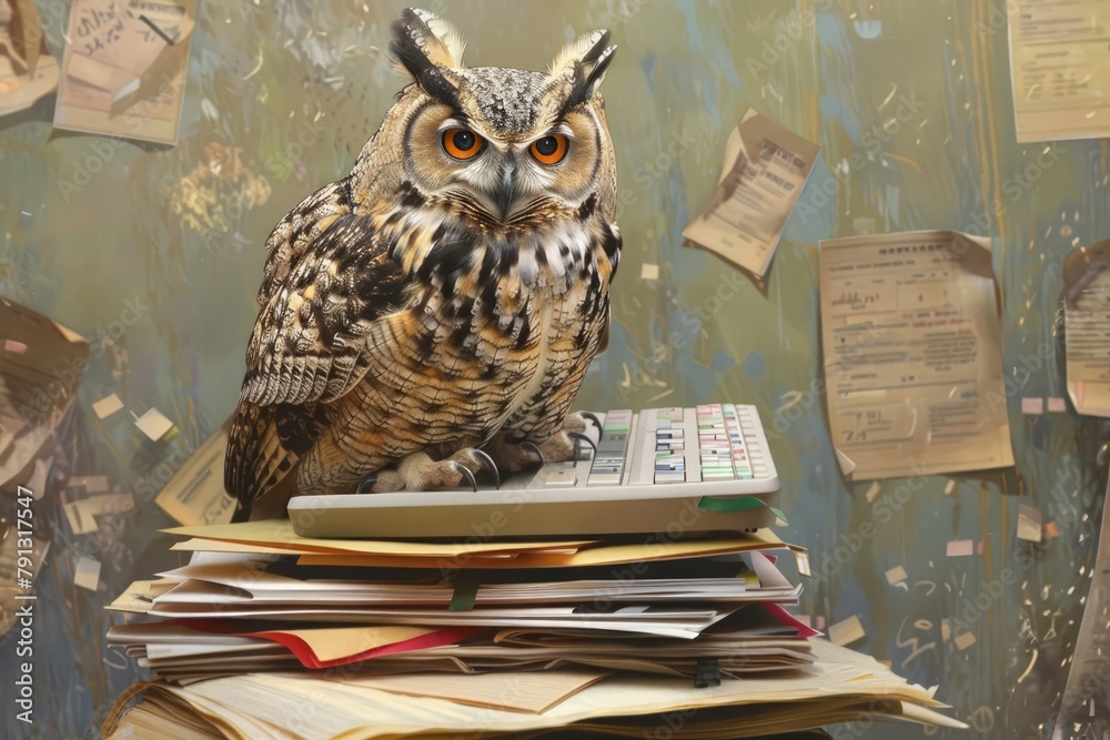 custom made wallpaper toronto digitalA suitedup owl perched on a stack of files taps away at a miniature keyboard, its keen eyes scanning complex spreadsheets, a symbol of wisdom and efficiency in the bustling world of business