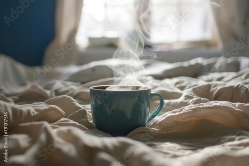 A steaming mug of coffee sits precariously on the edge of a rumpled bedspread, a silent invitation for a cozy morning spent burrowing under the covers before it cools photo