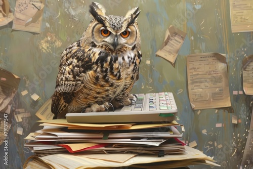 Wallpaper Mural A suitedup owl perched on a stack of files taps away at a miniature keyboard, its keen eyes scanning complex spreadsheets, a symbol of wisdom and efficiency in the bustling world of business Torontodigital.ca