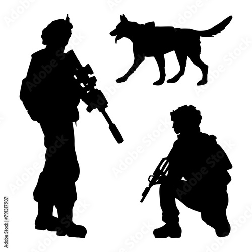 Army soldiers in different poses with K9 service dog silhouettes black and white vector illustration set for remembrance and independence day designs
