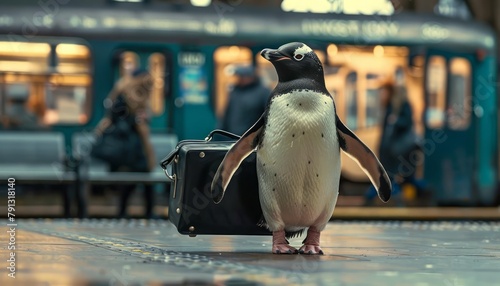 With a briefcase clutched firmly in its wing, a determined penguin navigates a crowded train station, its formal attire and unwavering focus a reminder that success can come in the most unexpected fea photo