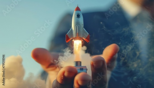 With a gleeful shout and a firm grip on the control panel, a businessman blasts off from his palm His miniature rocket, a testament to his ambition, streaks skyward leaving a trail of miniature contra