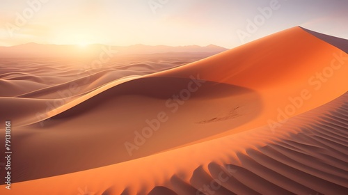 Desert sand dunes panorama at sunset. 3d render