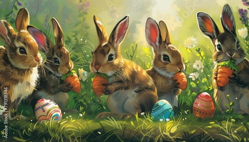 In a flurry of twitching noses and wiggling whiskers, a burrow of bunnies explodes with joyful hops Each fluffy participant clutches a vibrantly colored carrot, their cottontail trophies from a mornin photo
