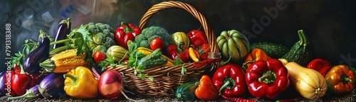 Rainbow ribbons of vegetables  a cascade of red peppers  verdant broccoli florets  and sunshineyellow squash  spill from a woven basket  promising a vibrant and nutritious feast