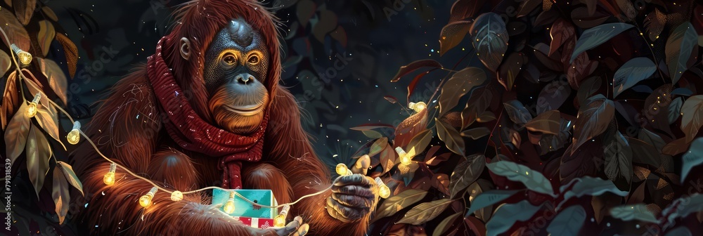 Wearing a jaunty red scarf and a string of twinkling lights, a curious orangutan carefully unwraps a brightly colored box, its gentle hoots echoing through the festive rainforest
