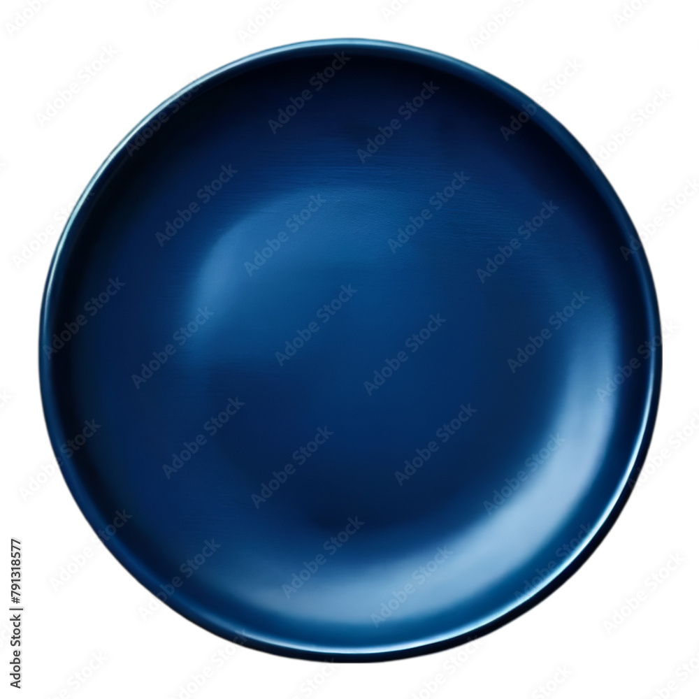 empty glossy blue plate with a smooth surface with top view, no foods, isolated on white transparent background. PNG format