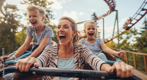 a mother and her two kids having fun on rollercoaster at amusement park, laughing, happy faces