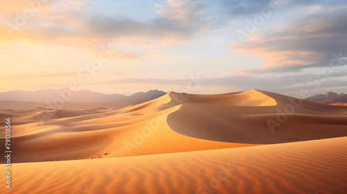 Panorama of sand dunes in the desert at sunset. Sahara desert, Morocco