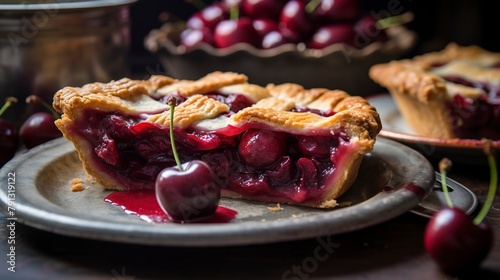 Rustic cherry pie, close-up, with a flaky crust and rich, red cherry filling spilling out, on a vintage pie dish.  photo