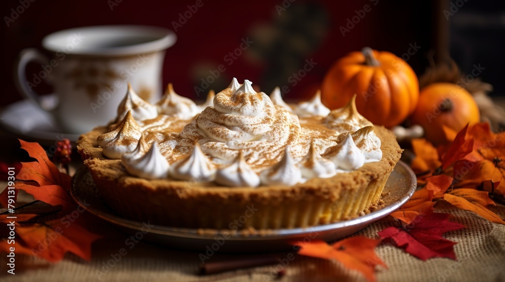 Pumpkin pie close-up, with a dollop of whipped cream and a sprinkle of cinnamon, on a festive autumn-themed cloth. 