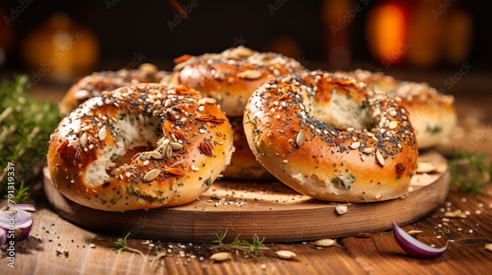 Everything bagels, close-up, with a focus on the variety of seeds and spices topping each bagel, on a rustic wooden board.