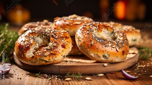 Everything bagels, close-up, with a focus on the variety of seeds and spices topping each bagel, on a rustic wooden board.