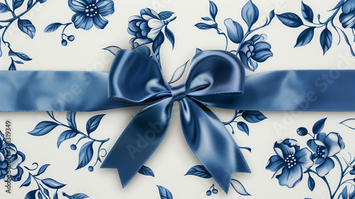 Elegant Blue Bow on Floral Patterned Background photo