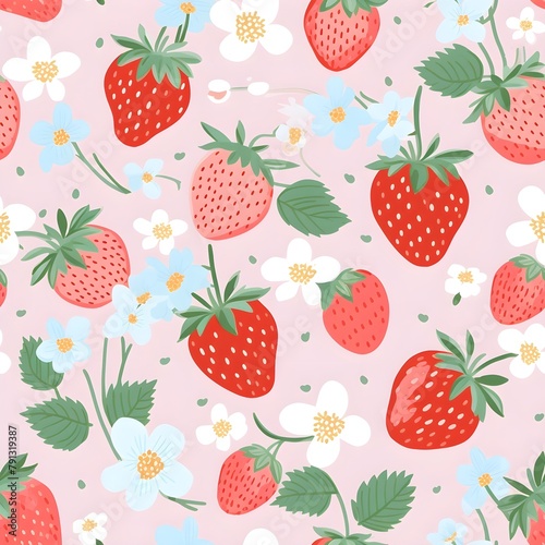 seamless pattern with strawberries and white flowers, cute and sweet, illustration, icons, HD, Banner Wallpaper