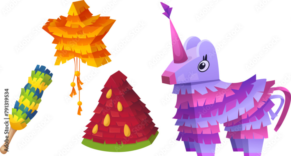 Mexican pinata for children birthday party cartoon vector icon. Holiday mexico game with funny paper horse and candy graphic set. Unicorn, watermelon and star handcraft design collection to hitting - obrazy, fototapety, plakaty 