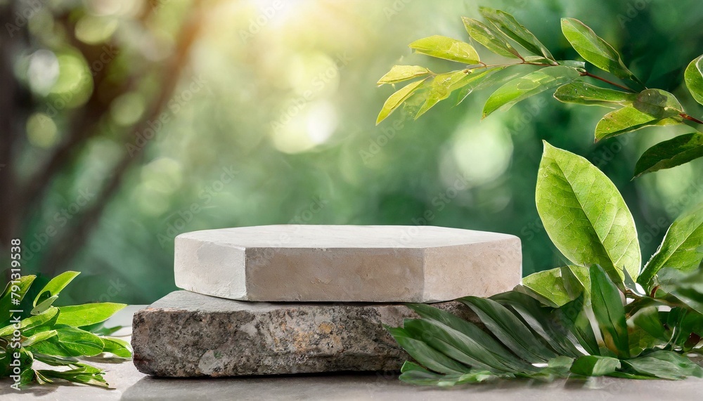 Obraz premium Green Oasis: Concrete Podium with Leaves for Product Presentation