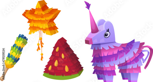 Mexican pinata for children birthday party cartoon vector icon. Holiday mexico game with funny paper horse and candy graphic set. Unicorn, watermelon and star handcraft design collection to hitting