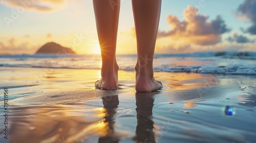 Close up of a person s feet on the edge of land and water, standing at the boundary line