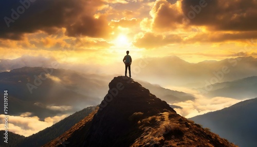 hiker in the mountains, A lone figure standing on a mountaintop, symbolizing perseverance and determinatio photo