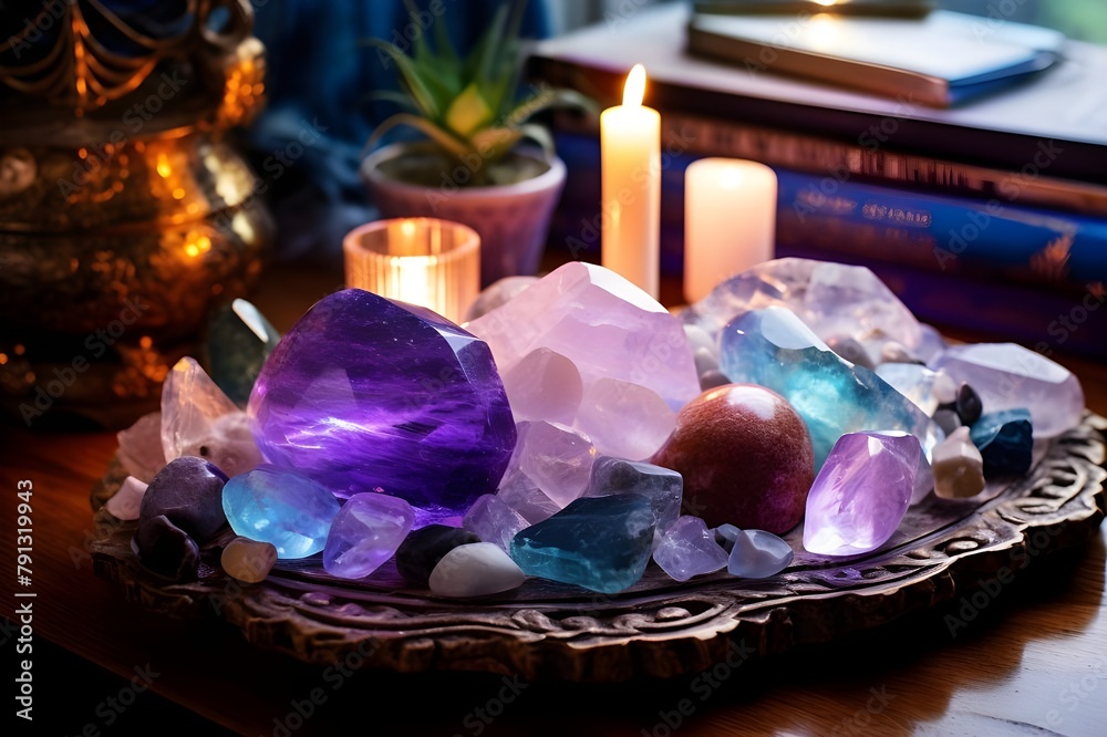 A crystal altar in the home office featuring a variety of crystals known for enhancing focus and co
A crystal altar in the home office featuring a variety of crystals known for enhancing focus and co