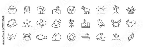 Nature icons set. Contain animal, birds, plants, tree, weather. Vector illustration.