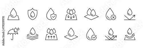 Waterproof icons set. Waterproof fabrics and absorbent fabrics. Vector.