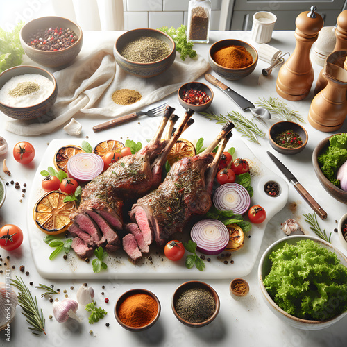 Quzi Roasted Lamb with Herbs on Marble Counter photo