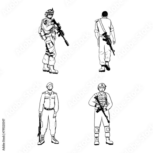 Modern army soldiers in uniform in different poses black and white vector illustration set for Remembrance and Veteran Day