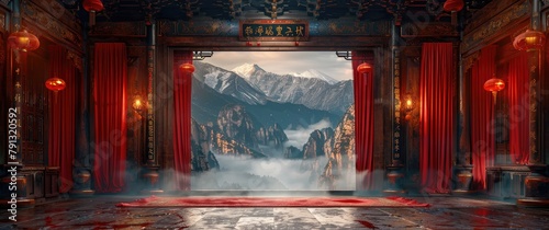 chinese style stage with red curtains on both sides, The background features misty mountains in dark tones, cinematic lighting effects. a grand scene backdrop photo