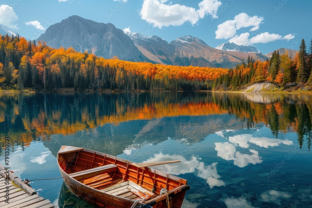Calm mountain lake reflecting colorful autumn trees and snow-capped mountains.