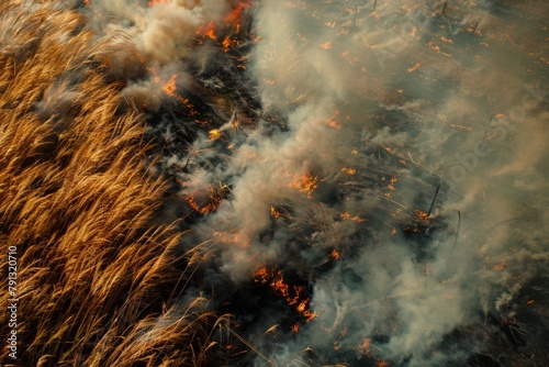 Wildforest fire burning forest trees eecological disaster smoke aerial view from helicopter danger death animals damage hazard blaze pollution tragedy photo